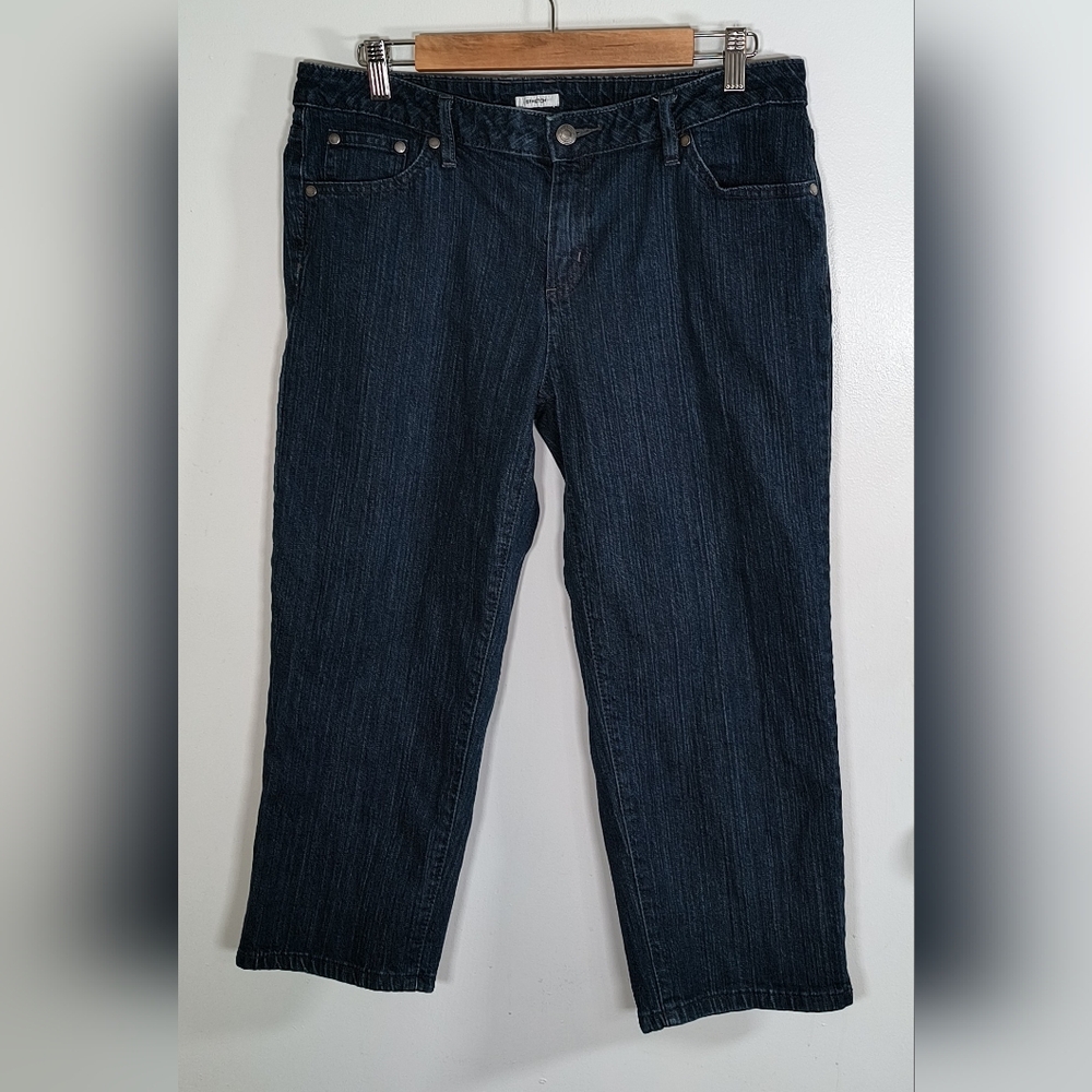 Liz Claiborne Dark Wash Stretch Cropped Blue Jeans With Flap Pockets Size 12